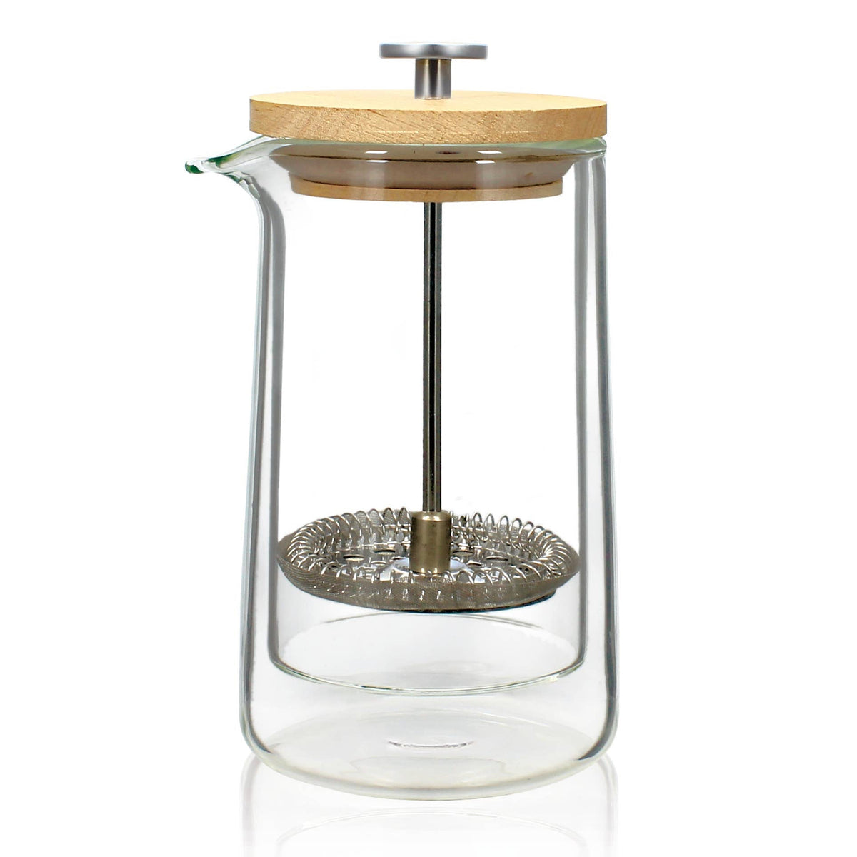 Clear glass coffee press with wooden lid on a white background