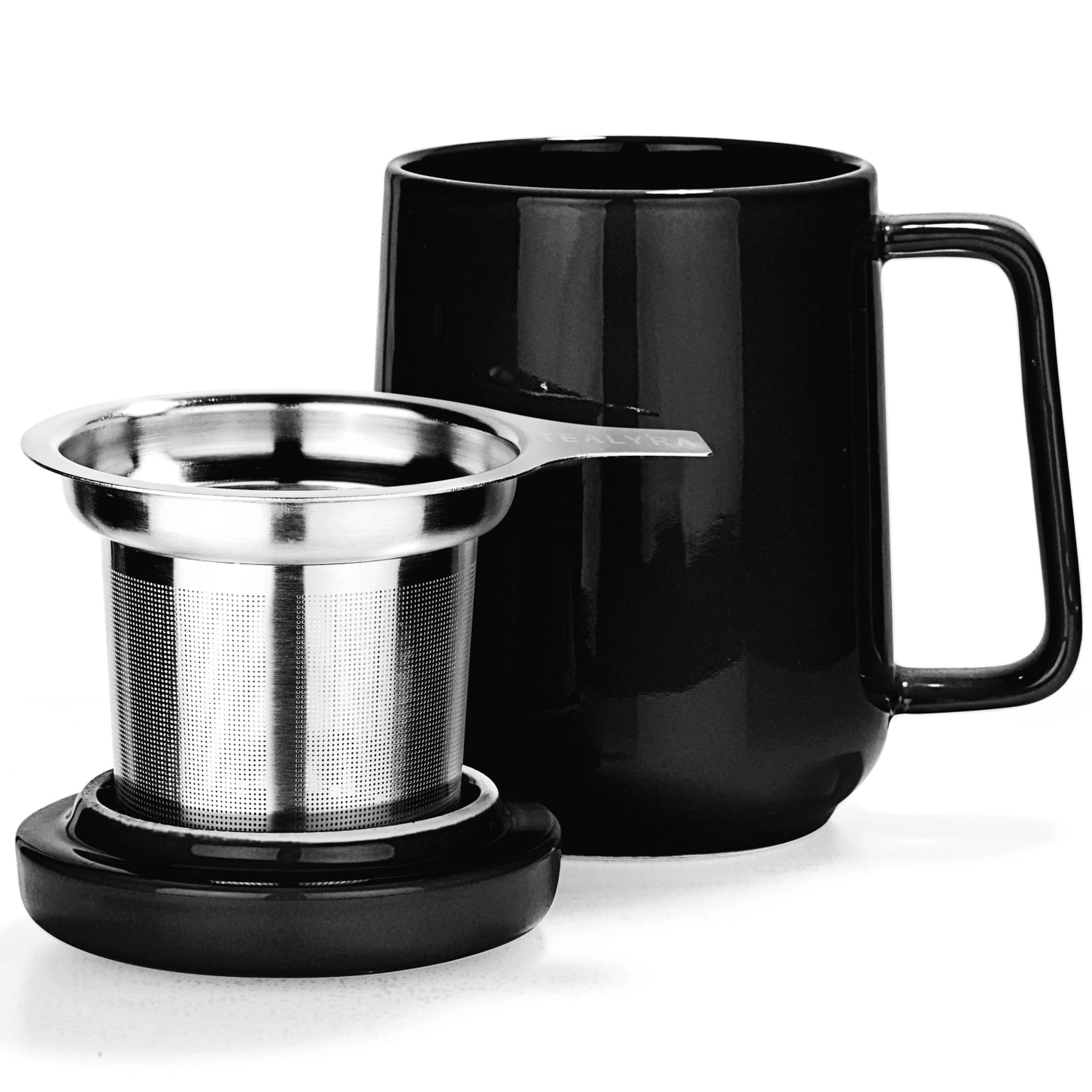 Black mug with a stainless steel tea infuser
