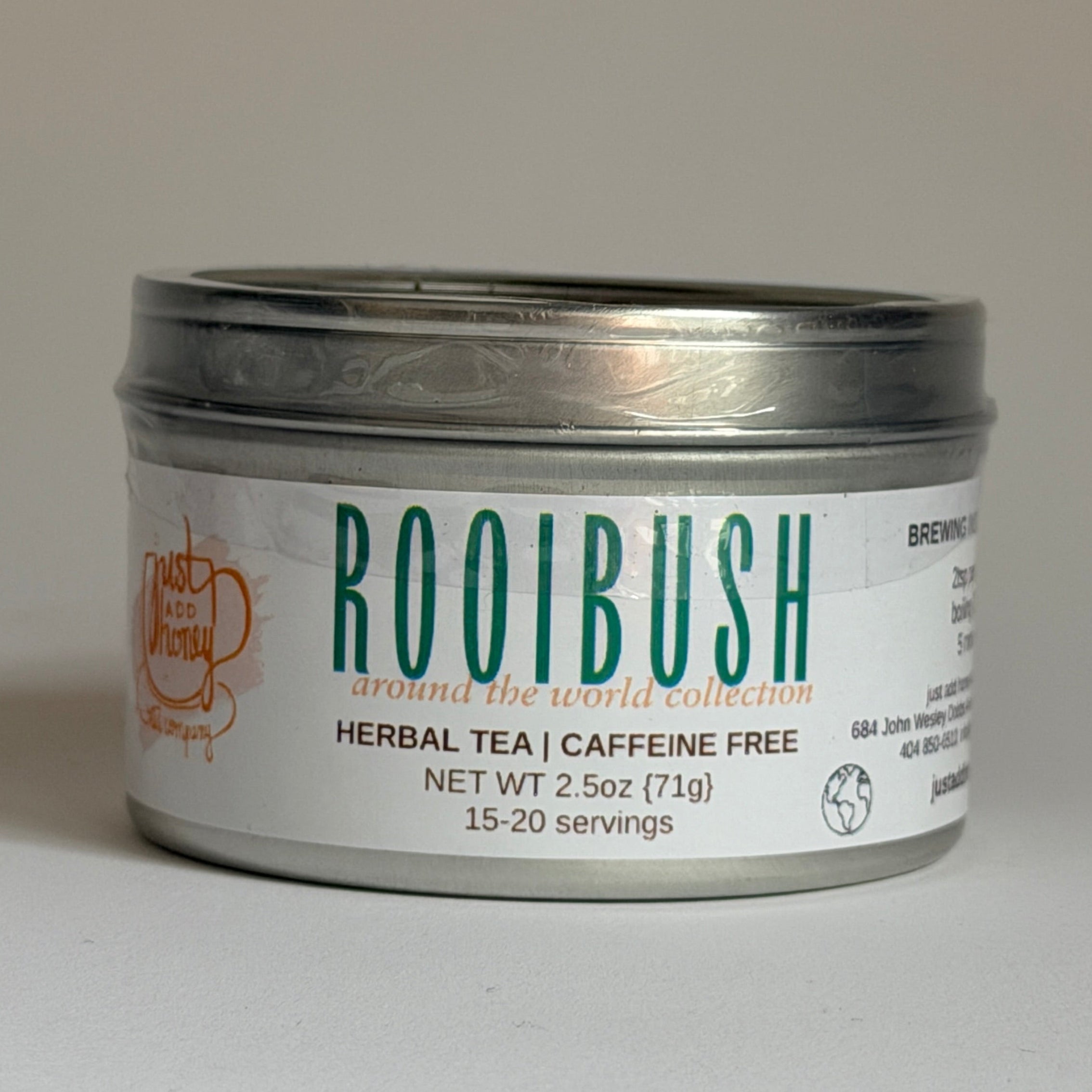 stainless steel tea tin of Rooibush herbal tea - rooibos and honey bush herbal tea