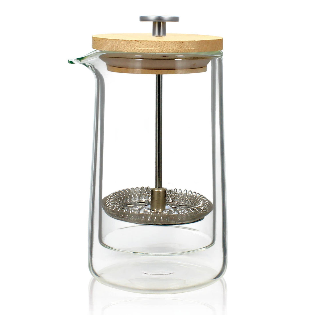 Clear glass coffee press with wooden lid on a white background