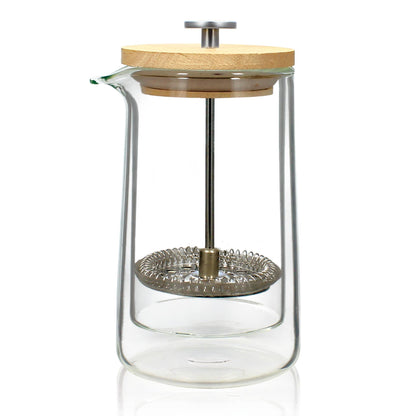 Clear glass coffee press with wooden lid on a white background