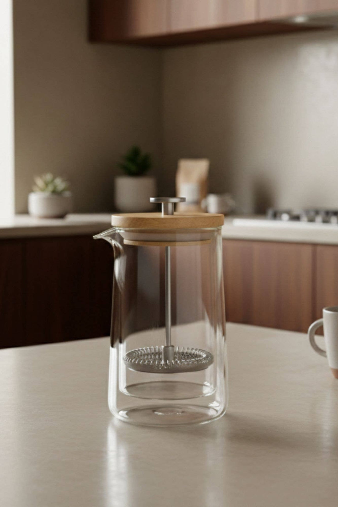 A clear glass French press with a light wood lid and metal plunger, placed on a light countertop in a softly blurred kitchen setting.