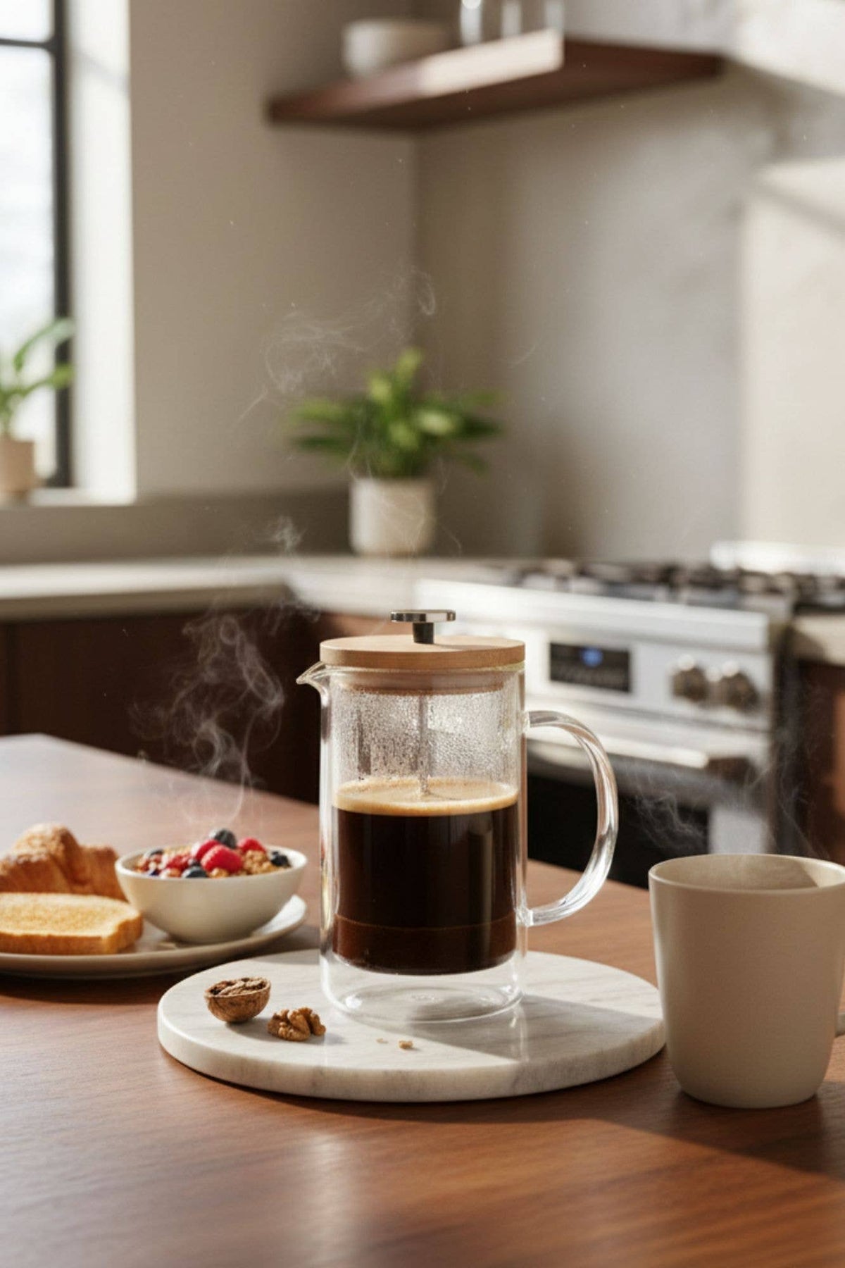 A glass French press filled with black coffee sits on a round white marble coaster on a wooden table, with a white mug beside it and a plate of pastries and fruit in a softly blurred kitchen background.