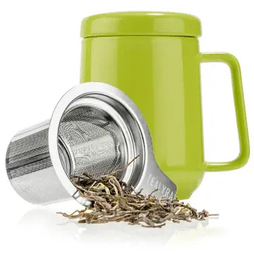 Green mug with a metal tea infuser