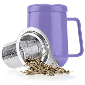 Purple mug with a metal tea infuser 