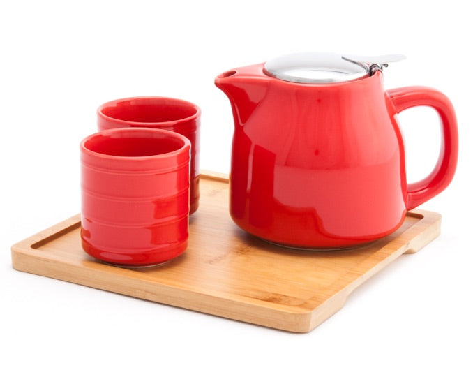 red teapot set tea for two teapot and two cups with bamboo tray