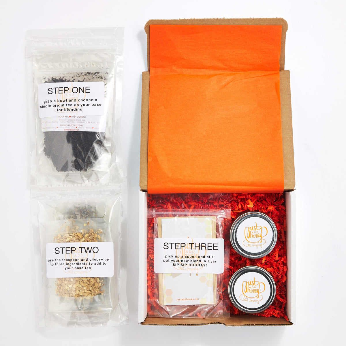 step one, two, and three of just add honey tea blending kit 